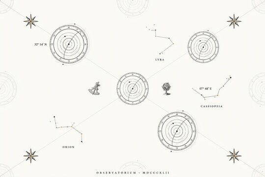Vintage astronomical chart featuring celestial navigation circles, star constellations like orion and lyra, and antique scientific instruments