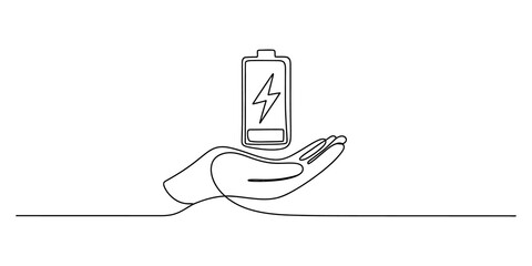 Fototapeta premium Continuous one line drawing of a hand holding a battery with lightning