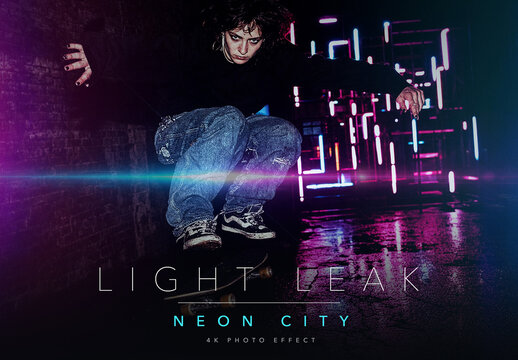 Light Leak Photo Effect Template - Neon City Magenta and Cyan Night Film Flare Look