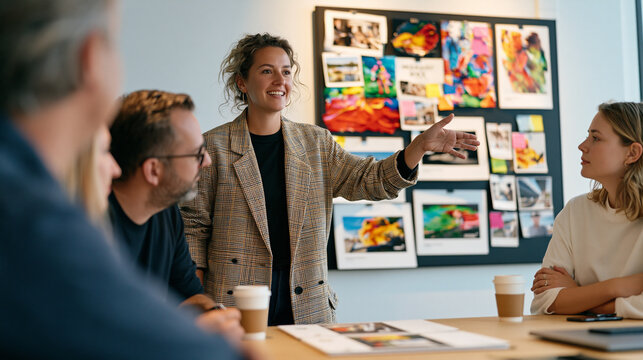 Creative director presenting campaign pitch concepts on oversized printed boards to skeptical client panel in minimalist agency conference room, tension visible in postures, coffee cups untouched, m