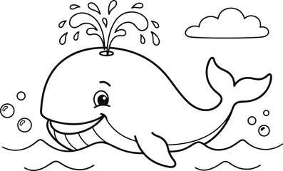 Naklejka premium Cute cartoon whale swimming in the ocean coloring page for children to color and learn about sea animals