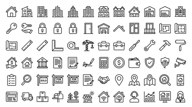 Set of 60 Real Estate Outline Web Icons with Editable Stroke for Property, Mortgage, Home Loan, Rent, Buying, Selling, and Insurance Vector Collection