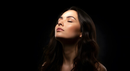 Fototapeta premium Beautiful woman with closed eyes and dramatic lighting | Glowing skin skincare and beauty concept portrait | Elegant brunette model with long wavy hair on black background | Serene facial expression a