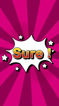 sure text word lettering popup comic cartoon reveal with bomb and smoke explosion manga anime book page dots radial speed lines doodle pink background seamless loop vertical animation retro