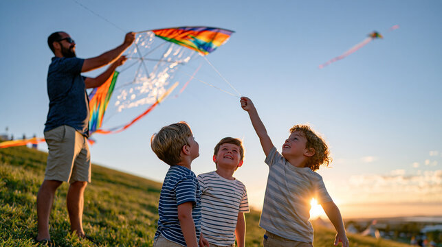Family flying handmade kites on golden hour hillside, father assembling a kite frame with two children watching intently, co-living community park backdrop, kite building craft, outdoor family activ