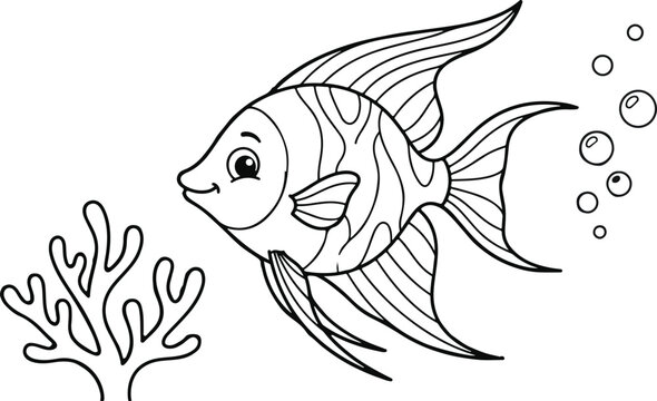 Cute angelfish swimming near coral reef black and white line art illustration for children coloring page