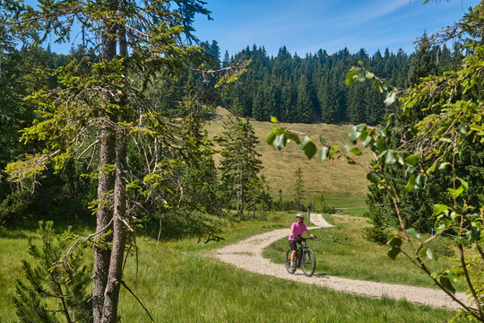Attractive senior woman riding an electric bicycle on a mountain biking tour through sunny alpine meadows and scenic mountain landscapes above Balderschwang, Allg&auml;u Alps, Bavaria, Germany.