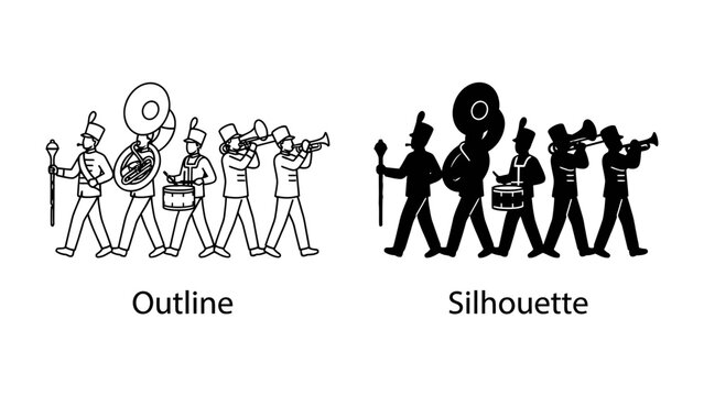 Marching Band Performance: A dynamic marching band, depicted in both outline and silhouette, plays music with brass instruments and drums.