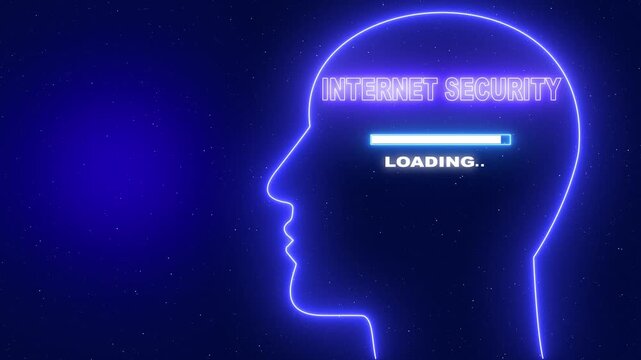 Internet Security Neon blue outline of a human head profile with the word Server Security and a loading bar on a dark blue starry background