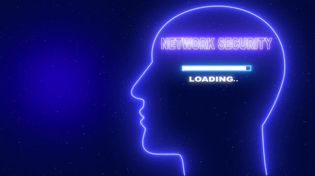 Network Security Neon blue outline of a human head profile with the word Server Security and a loading bar on a dark blue starry background