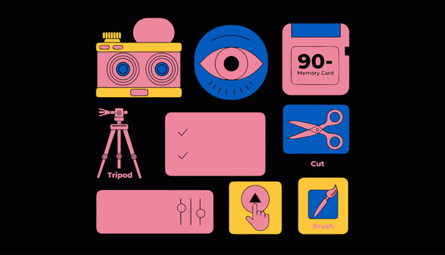 Retro photography and video editing icons, vintage camera and memory card vector set, creative multimedia production tools in flat aesthetic