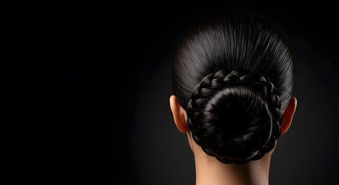 Elegant braided bun hairstyle for weddings | Professional sleek low bun with braid | Back view of woman with black hair updo | Sophisticated hairstyle for formal events