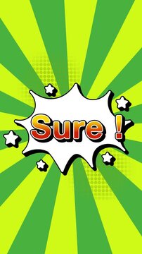 sure text word lettering popup comic cartoon reveal with bomb and smoke explosion manga anime book page dots radial speed lines doodle green background seamless loop vertical animation retro