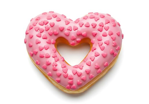 Heart-shaped pink sprinkled donut with hole