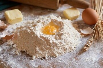 Fototapeta premium The Flour Pile with Central Egg Yolk for Dough Preparation