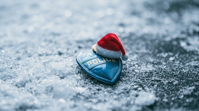POLICE badge wearing a Santa hat on a snowy surface, representing holiday law enforcement and winter season greetings
