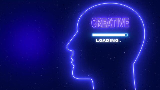 Neon blue outline of a human head profile with the word Creative and a loading bar on a dark blue starry background
