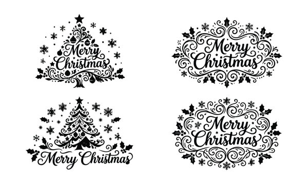 Set of four elegant hand drawn merry christmas typography designs with decorative pine trees and floral ornaments