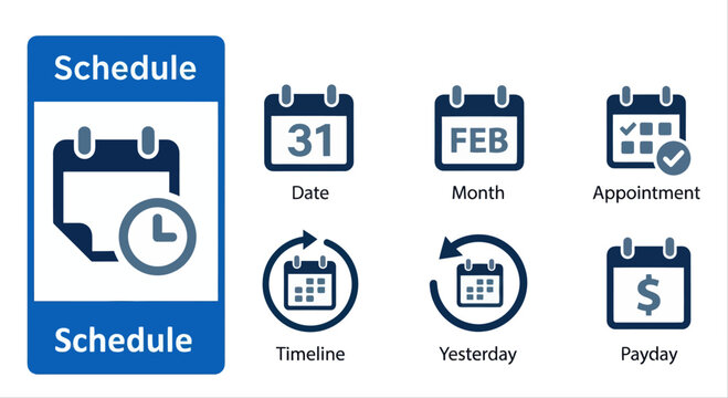 Calendar schedule icon set, blue appointment date symbols, business timeline vector elements