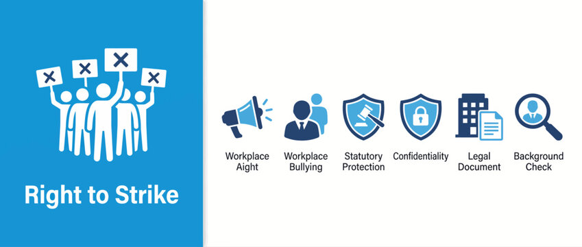 Labor law icons for right to strike, workplace bullying and statutory protection vector set