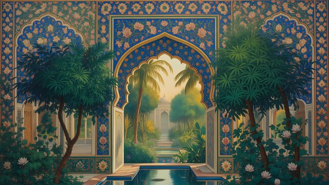 Ornate mughal inspired garden with palace and wildlife in serene setting
