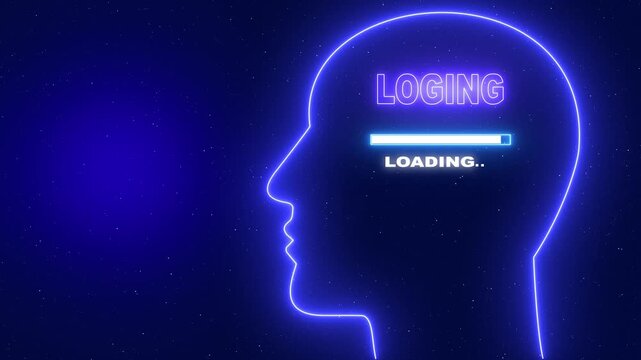 Neon blue outline of a human head profile with the word Longing and a loading bar on a dark blue starry background