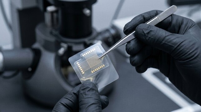 Close up of gloved hands using precision tweezers to examine a transparent flexible printed circuit board in a high tech lab