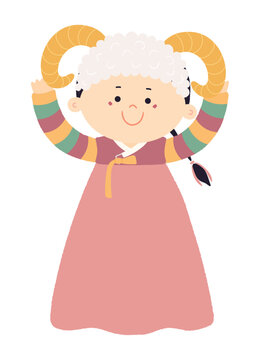 Cute girl in Korean clothes hanbok in sheep hat character isolated. Hand drawn cartoon vector illustration. Flat design. Seollal holiday card, poster, banner element