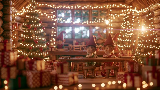 Christmas elves are busy making and wrapping presents in a rustic, festive workshop adorned with lights, gifts, and decorated trees