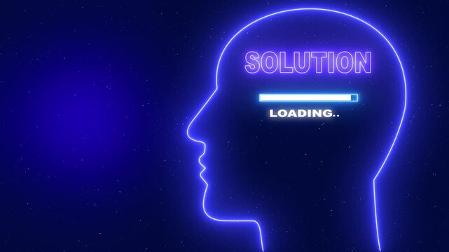 Neon blue outline of a human head profile with the word Solution and a loading bar on a dark blue starry background
