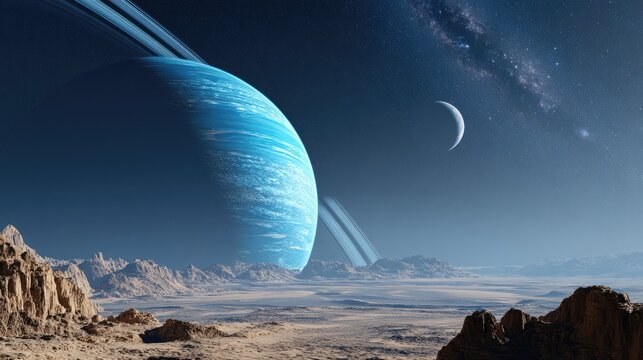 Cosmic landscape featuring a blue gas giant planet with rings and a crescent moon