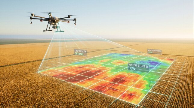 Agricultural drone flying over a golden crop field displaying a holographic thermal health scanning heatmap