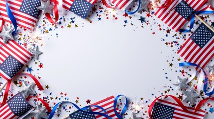 Obraz premium American flags, glittering stars, ribbons, and sparkling confetti forming a festive border for copy space