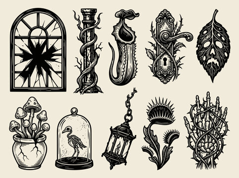 Abandoned Victorian greenhouse elements, gothic horror linocut illustration set, black woodblock vector icons