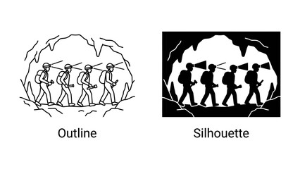 Cave Exploration: Two stylized depictions of a group of explorers equipped with helmets and headlamps venturing into a dark cave. One is an outline illustration, the other a silhouette. © Ajhar234