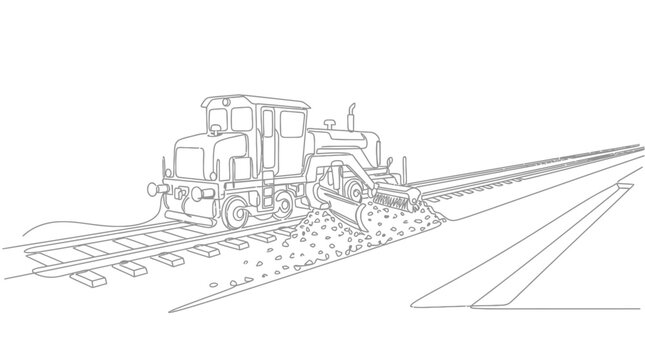 A line art illustration of a railway maintenance vehicle working on train tracks.