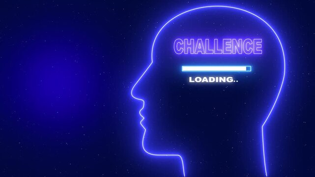 Neon blue outline of a human head profile with the word Challenge and a loading bar on a dark blue starry background