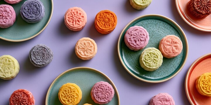 Colorful snow skin mooncakes on ceramic plates against a lavender background