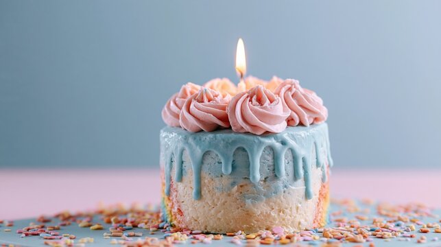 The cake with blue drip icing, pink rosettes, and a single candle glow