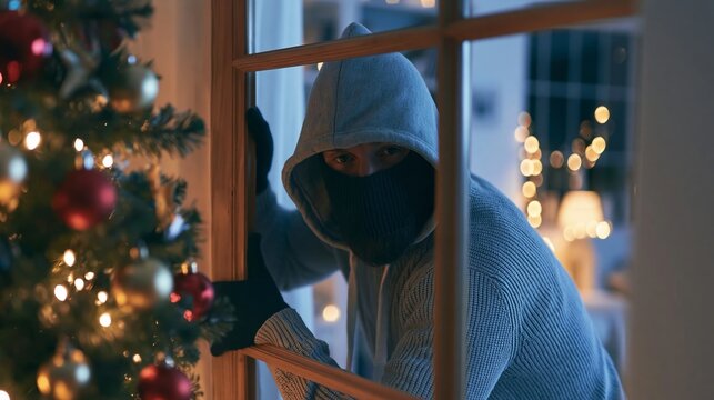 Burglar stealing during Christmas, hooded thief breaking into home through open window at night