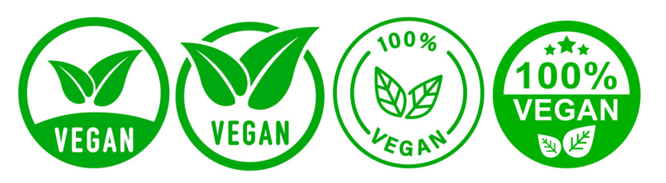 Vegan Badge Set PNG &ndash; 100% Vegan, Plant Based Certification Labels with Green Leaf Icons for Food Packaging
