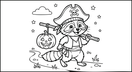 Fototapeta premium Cute cartoon raccoon wearing a pirate hat, holding a treasure map, surrounded by stars