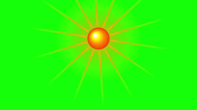 3D flat motion graphic animation of a bright orange sun rising and setting with shining rays light isolated on green screen chroma key background for morning day sunrise sunset solar power weather cli