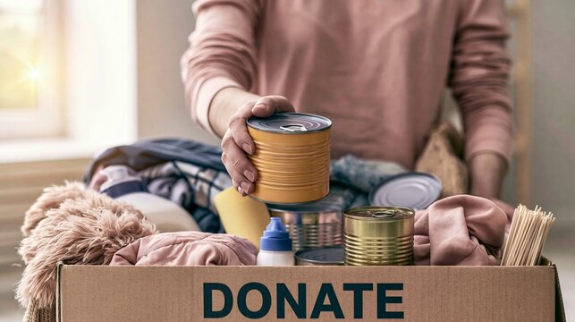 Person filling charity donation box with canned food and clothing, supporting community and humanitarian aid