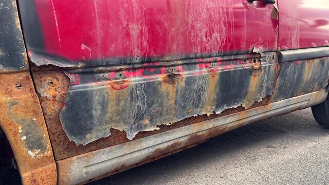 Close-up of a severely rusted red and black car door, vehicle corrosion, body damage, restoration and automotive maintenance concept.