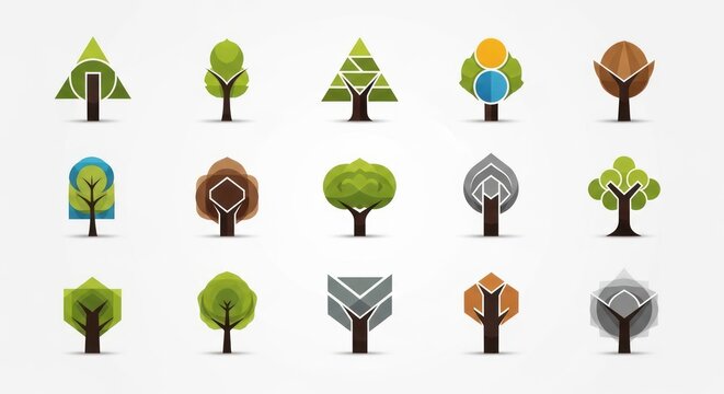 Geometric Tree Icons and Nature Logos Set