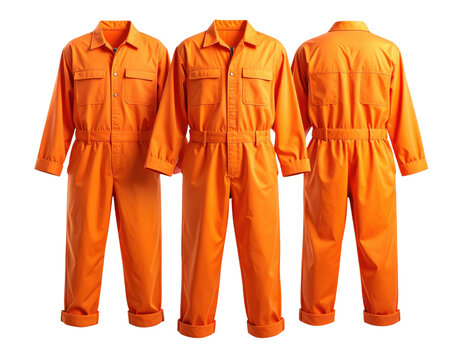 Orange work coverall jumpsuit shown from multiple angles