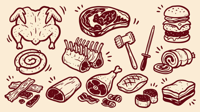 Meat and butchery doodle set hand drawn cartoon vector illustration