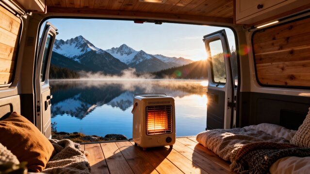 A peaceful morning scene inside a camper van showcases a warm heater, inviting blankets, and a breathtaking view of a serene lake framed by majestic mountains.