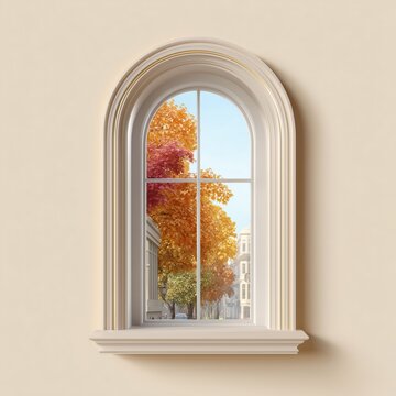 Beautiful autumn trees framed by a charming window with a clear blue sky on a bright sunny day